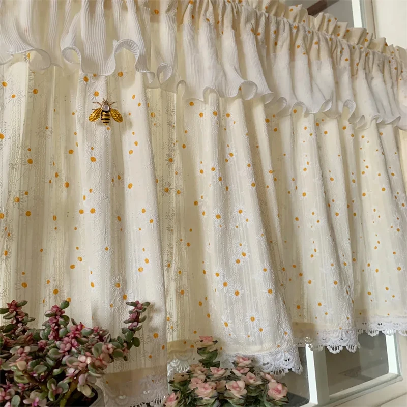 Nordic Beige Cotton Linen Lace Daisy Fabric Bedroom Bay Window Short Curtains For kitchen Cabinet Drapes Door Decor Curtains