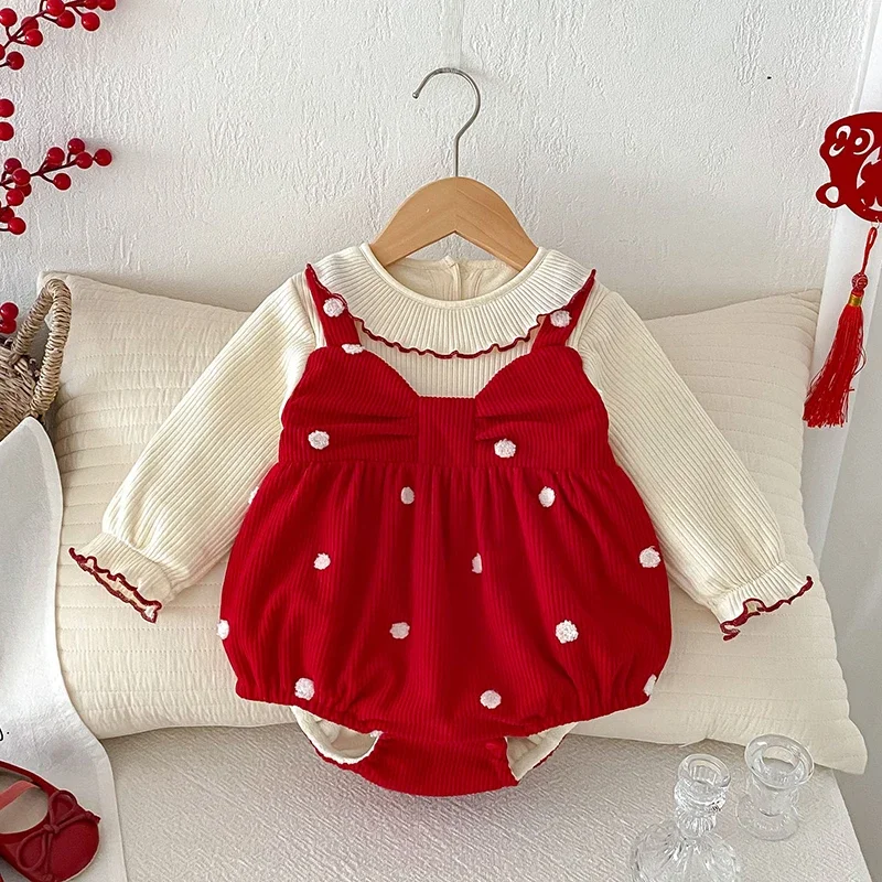 2025 New Winter 0-24M Newborn Baby Girls Thicken Warm Bodysuits Long Sleeved Splicing Infant Baby Jumpsuit Children Clothes