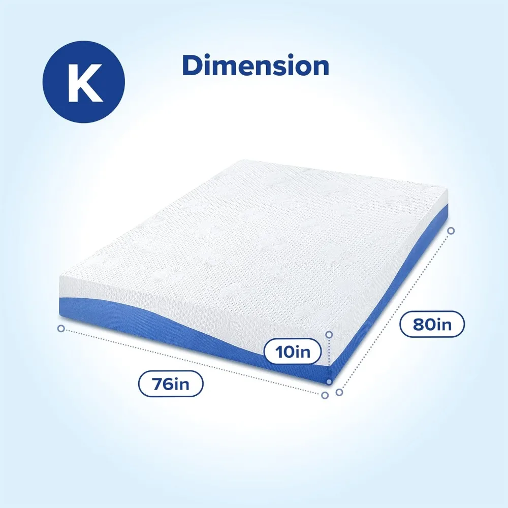 10 Inch Gel Memory Foam Mattress, Gel Infused for Comfort and Pressure Relief Certified Bed-in-a-Box Medium Firm, Blue King Size