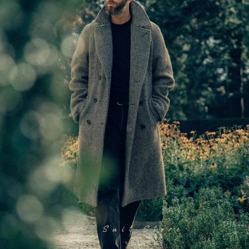 

2025 Autumn and Winter New Men's Mid Length Herringbone Double Breasted Thick Coat Men's Casual Warm Long Coat Outdoor Clothing