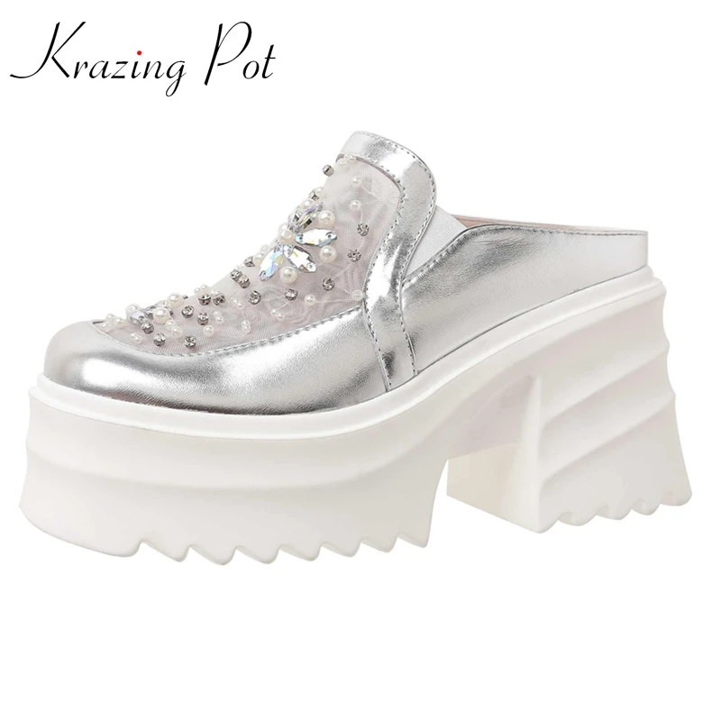 

Krazing Pot Air Mesh Square Toe Super High Heel Platform Mules Rhinestone Beauty Lady Streetwear Sexy Women Outside Slippers L90