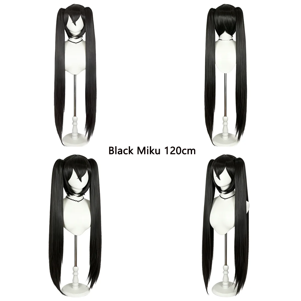 Miku Cosplay Wig 120cm Long Black Straight Wig with 2 Detachable Clip-on Ponytails Heat Resistant Synthetic Anime Wig For Women