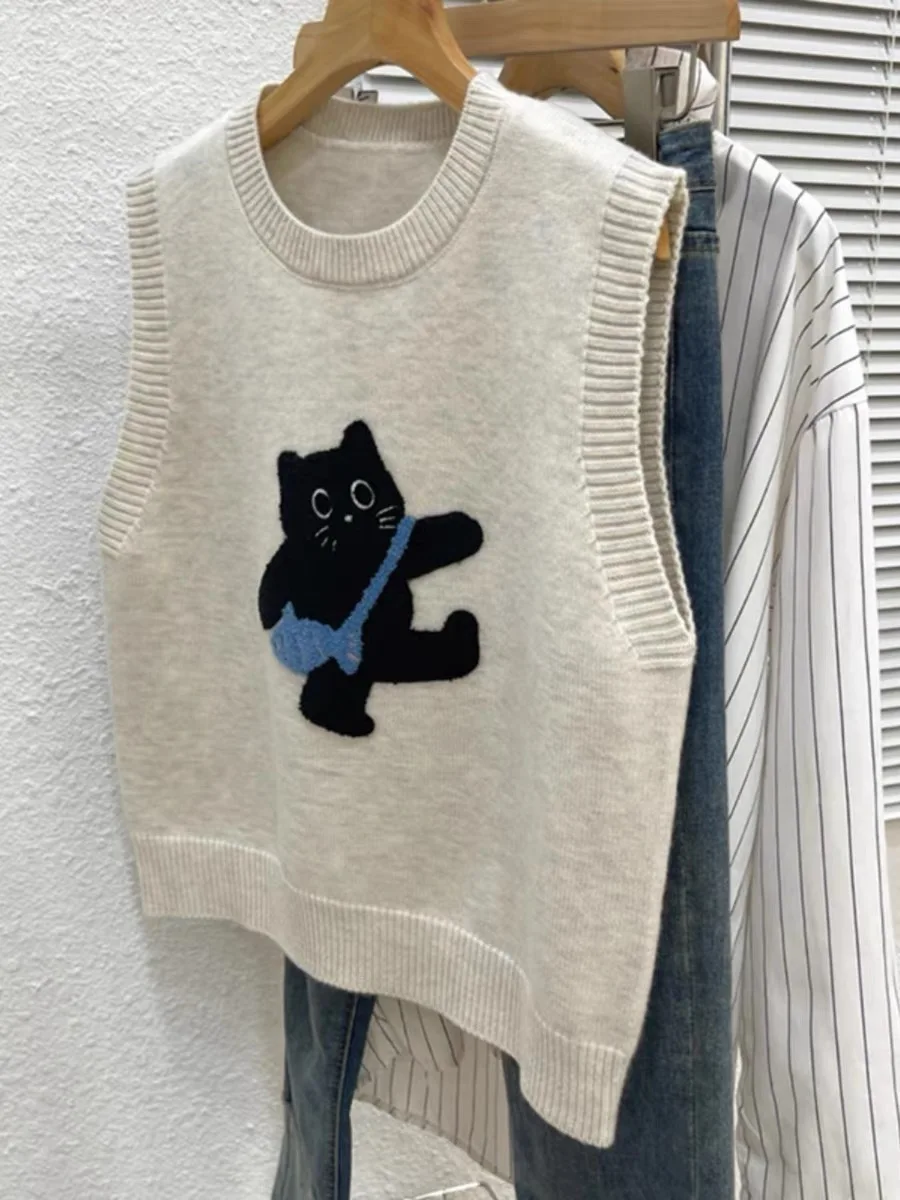 AOSSVIAO 2026 Women Knitted Tank Top Summer Fall Cartoon Sweater Short O Neck Sleeveless Solid Spring Sweaters Pullovers