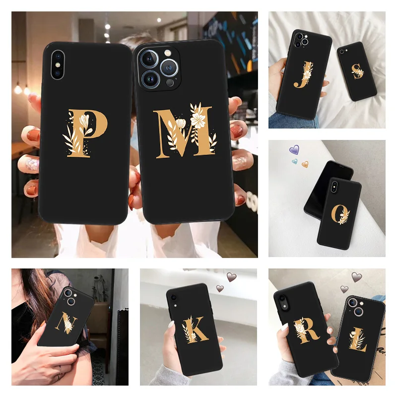 Phone Case for iPhone 16ProMax 14 13 15 Pro Max 12 11 XR SE 7 8 16 Plus L-Q Golden Flower Letters Soft Black Silicone Cover