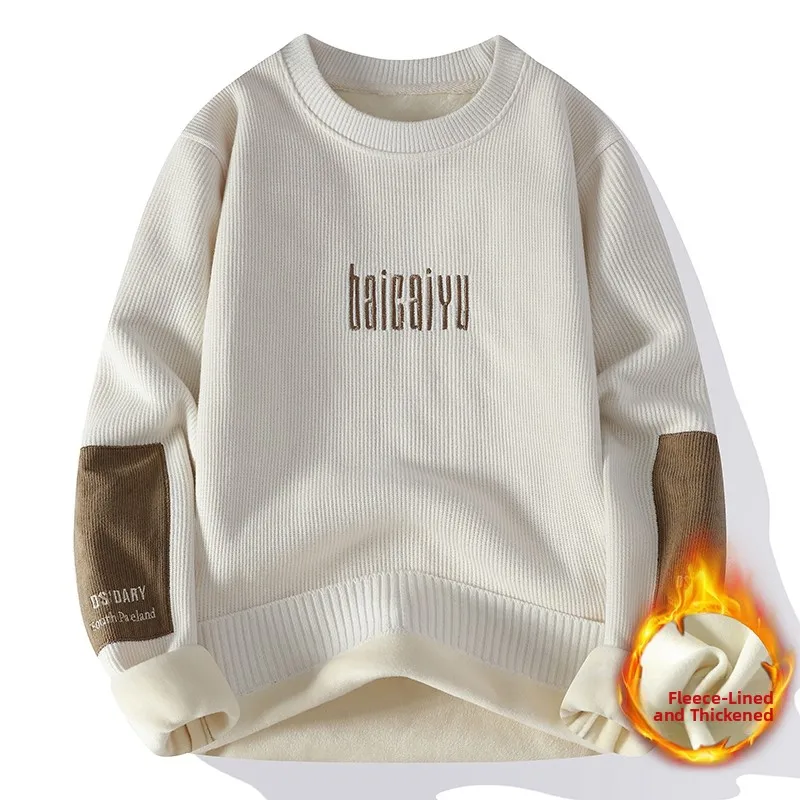 

Мужской вязаный свитер с круглым вырезом, зимний, утепленный, модный, повседневный, с вышивкой, трендовый, в стиле кэжуал