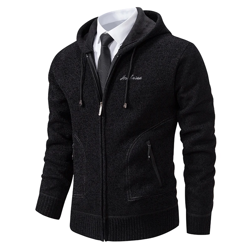 

American Casual Color Fce Lined Hooded Knitted Jaet Men's Autumn Winter Thiened Slim Zipper Outdoor Sweater Trendy