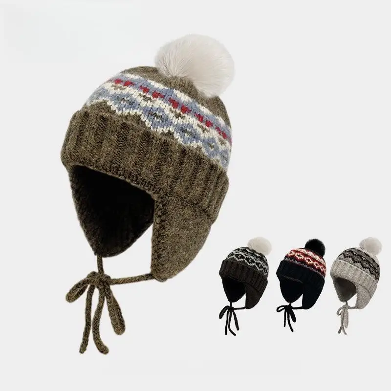 Fair Island Style Retro Jacquard Knitted Beanies Cap For Women Autumn Winter Warm Versatile Cute Pom-pom Ear Protection Hat