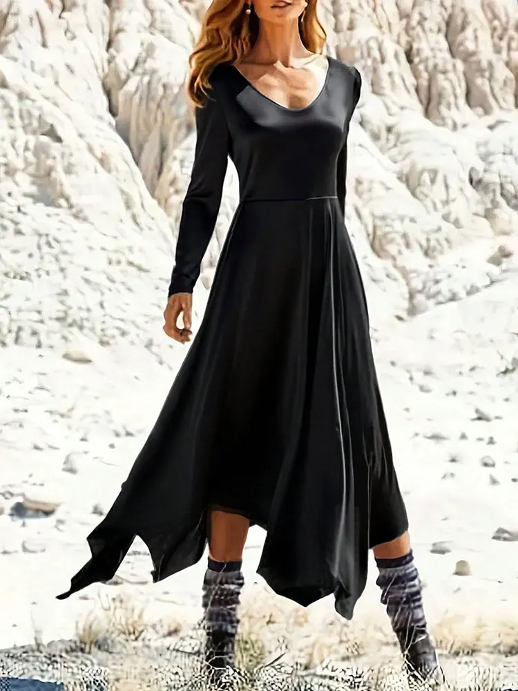 Nuevo vestido Retro negro con dobladillo asimétrico y manga larga con cuello en V para mujer, vestido largo elegante para fiesta, vestidos de noche ajustados para salir de graduación