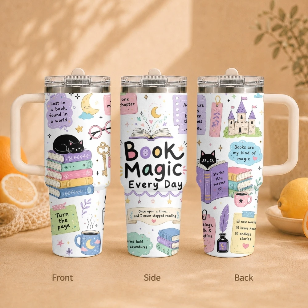 Book Reading Day Vacuum Flasks 40oz Vacuum Insulated Travel Mug with Straw & Handle | Stainless Steel Leakproof Tumbler