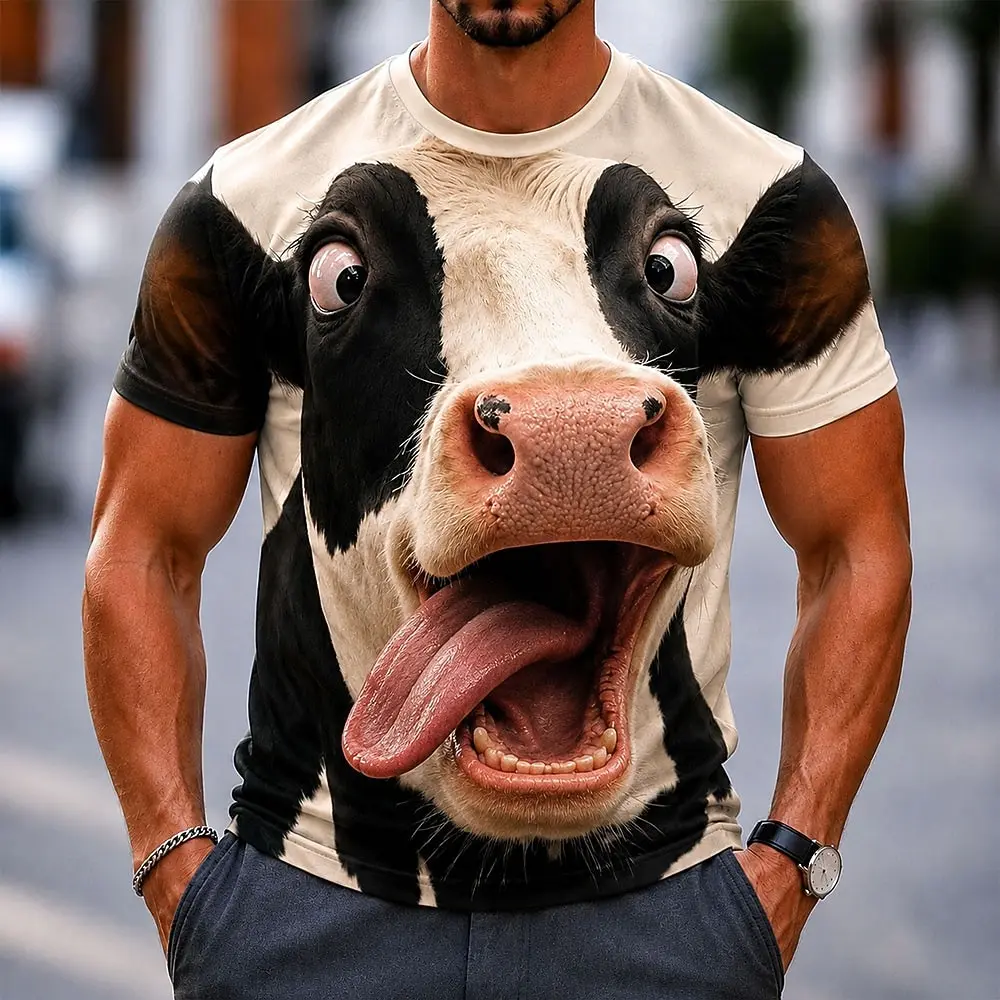 Men's Funny Cow 3D Big Face Print T-Shirt Realistic & Cartoon Dairy Humor Graphic Crew Neck Short Sleeve Tee