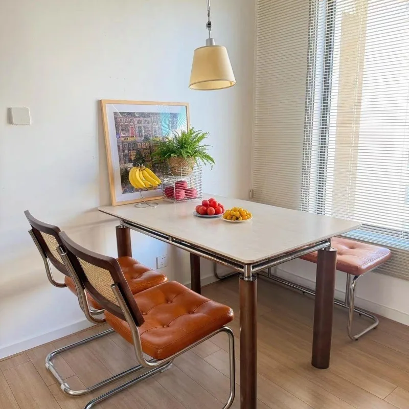 Slate dining table Household small apartment rectangular medium and ancient travertine solid wood dining table