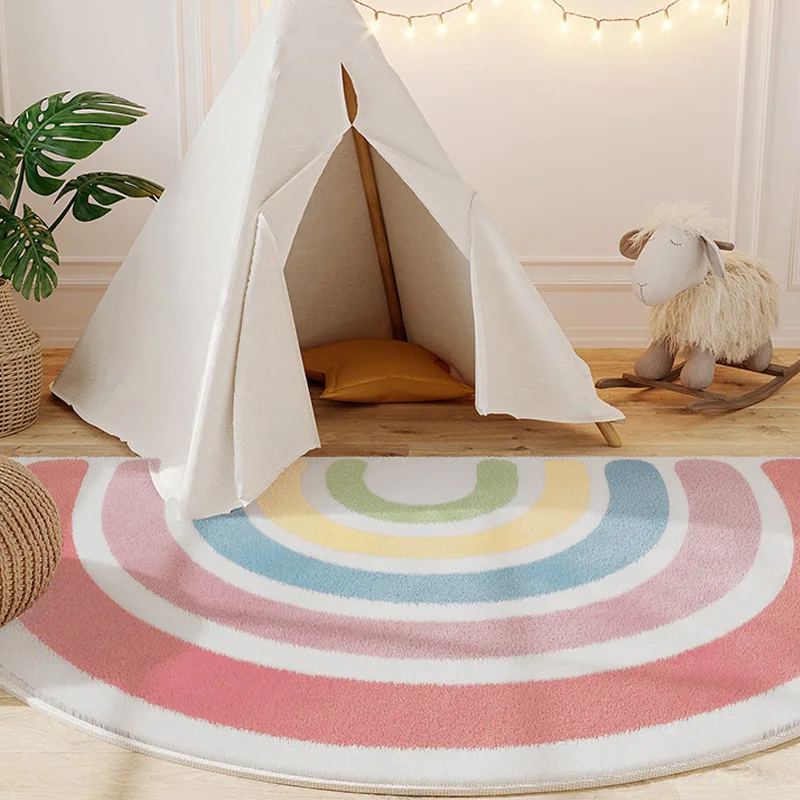 Soft Rainbow Semicircle Floor Rug Faux Cashmere Milk Velvet Memory Foam Silicone Anti Slip Bottom Thick Machine Woven Mat
