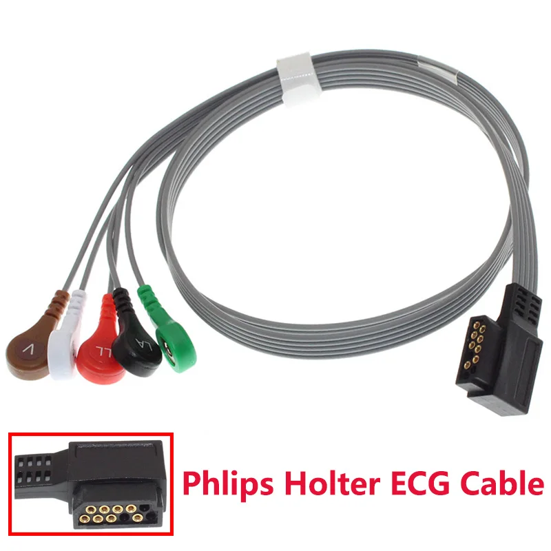 Compatible With New Phlips (HP) Digitrak Plus Holter ECG Recorder M4725A Standard 5 Lead AHA/ IEC Snap Leadwire.