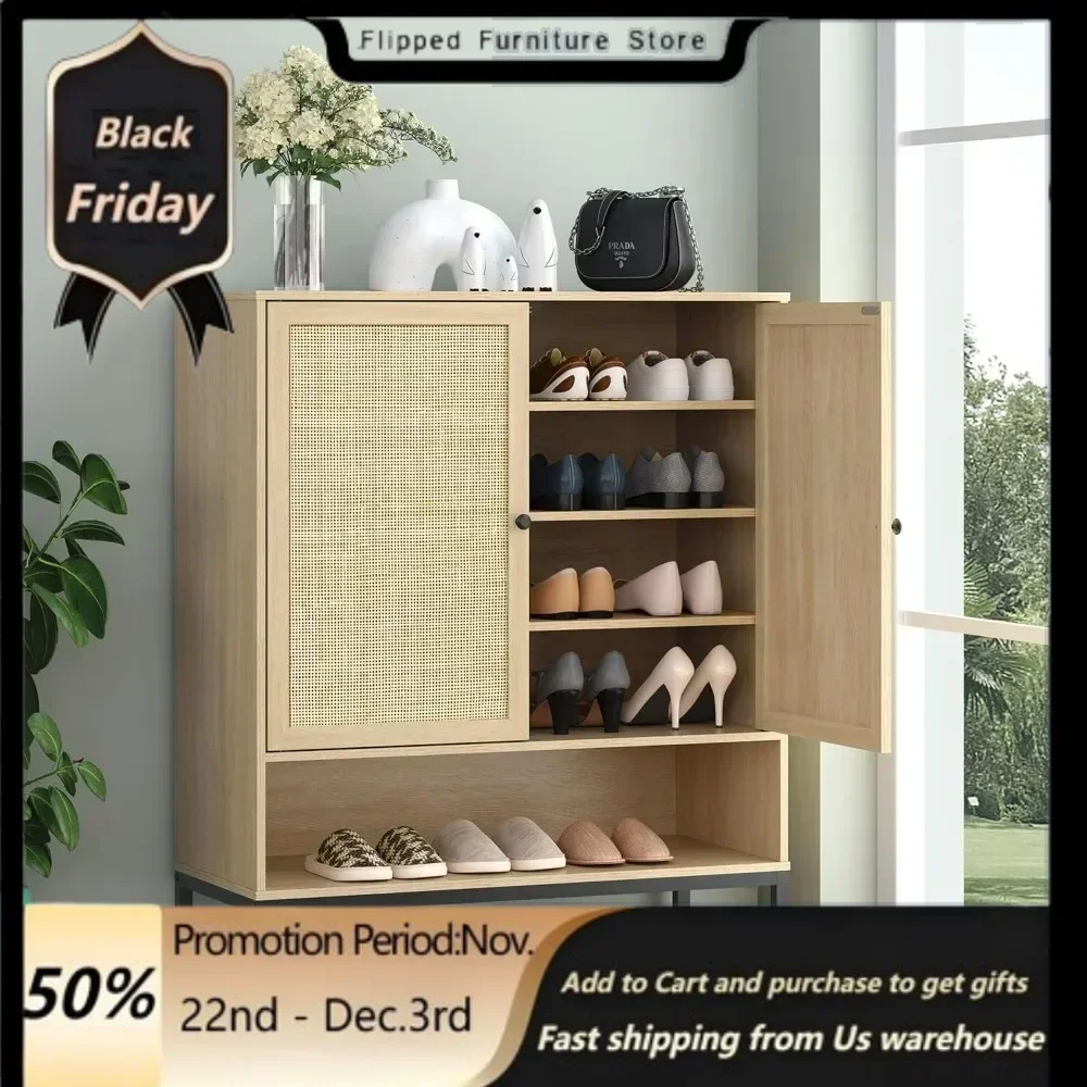 Natural Rattan Shoe Cabinet, 5-Tier Shoe Rack Storage Organize, Entryway Shoe Cabinet for Modern Heels, Boots, Entrance Hallway