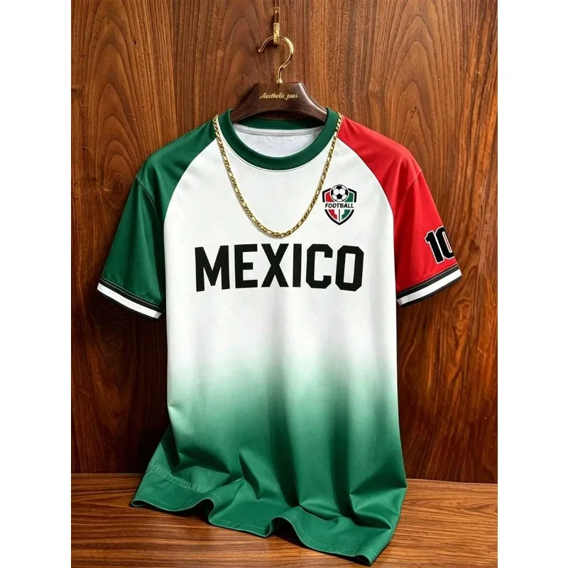 Fashion Mexico Themed Color Gradient 3D Print Raglan Sleeve Crew Neck Fan Jersey Unisex Quick Dry Soccer Casual Streetwear Top