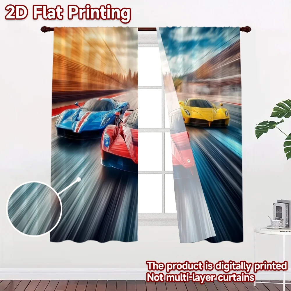2D flat 2pcs Curtain French Romantic Style Racing Supercars on Track Digitally printed polyester, colorfast Holiday Decorations