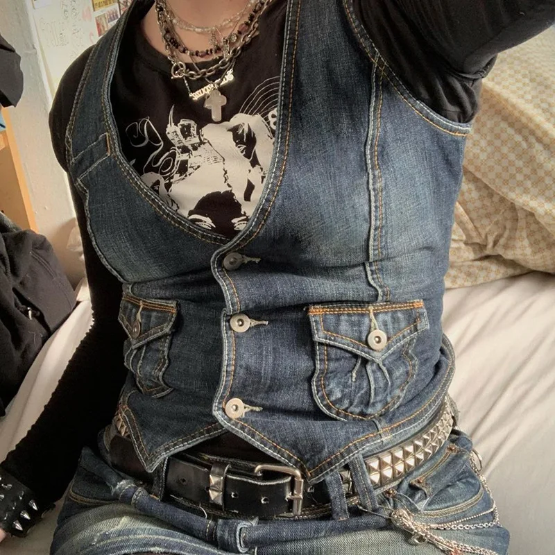 Vests Coat Women Denim Coats V Neck Sleeveless Vest Jackets Vintage Y2k Streetwear Casual Slim Fit Jacket 2026 Autumn Winter