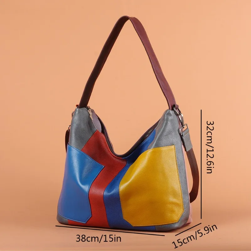 Vintage Everyday Shoulder Bag for Women Genuine Leather Top Grain Leather Color Block Handcrafted Crossbody Luxury Handbag