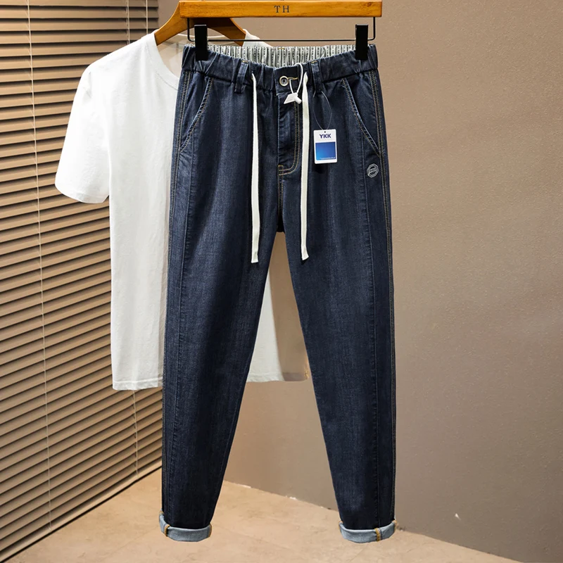 2024 Spring and Summer Thin Stretch Men's Cropped plus-Sized Jeans Drawstring Elastic Band Loose Casual plus Size Pants