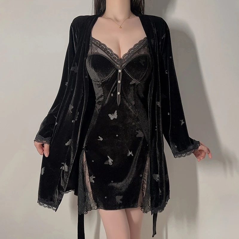 

2PCS Women Velour Nighty Robe Set Bathrobe Gown Loungewear Spring Lace Nightgown Sleepwear Kimono Home Dress Lingerie