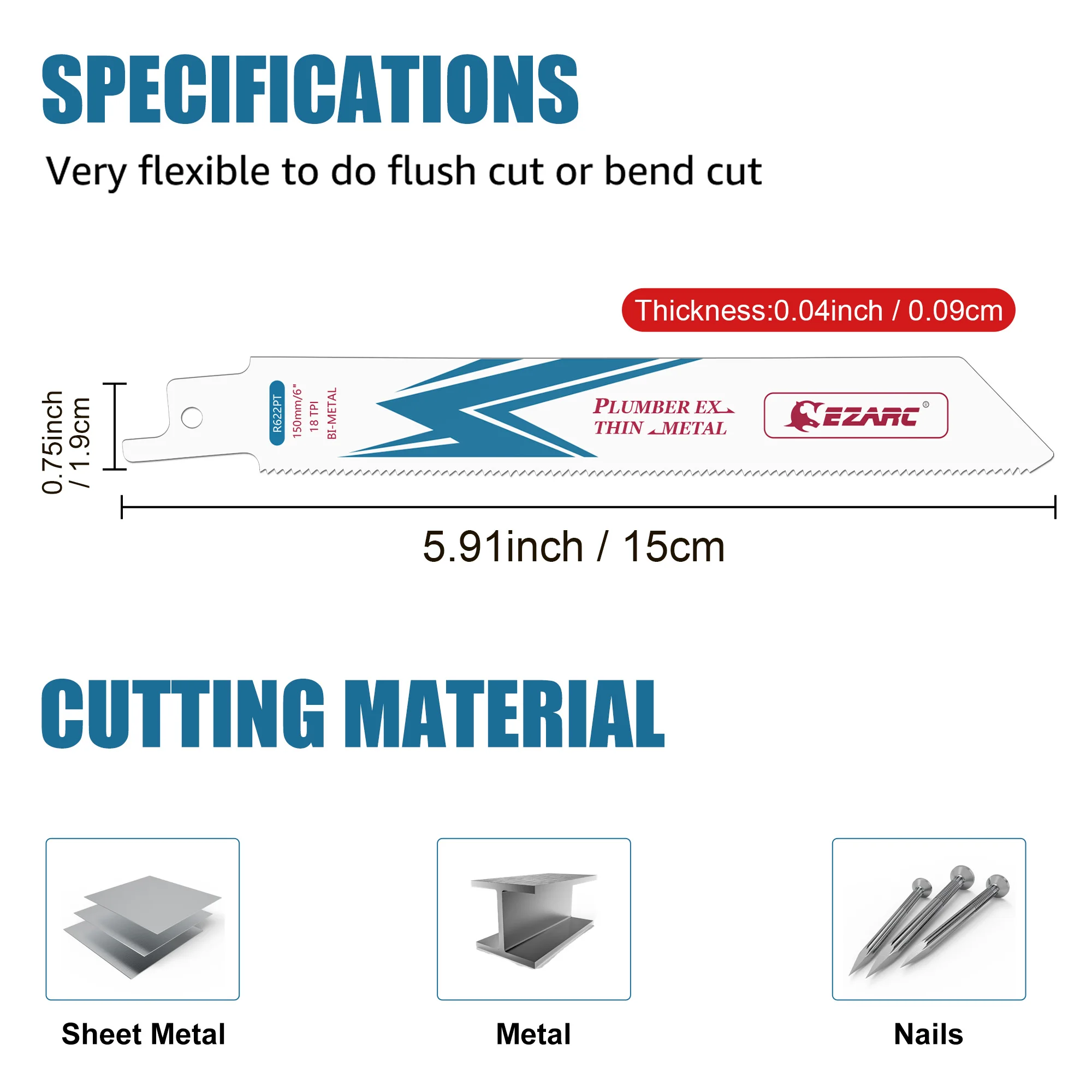 EZARC Reciprocating Saw Blades for Fast Thin Metal Cutting 6Inch 18TPI 5PCS Bi-Metal Cobalt Sabre Blades Metal Cutting Tools