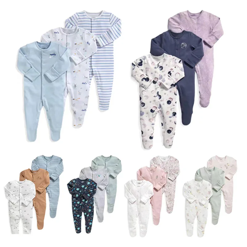 Newborn Baby Boys Jumpsuit Clothes Soft Cotton Striped Long Sleeve Girls Rompers Footed Infant Pajama Ropa Bebe Clothing 3PCS