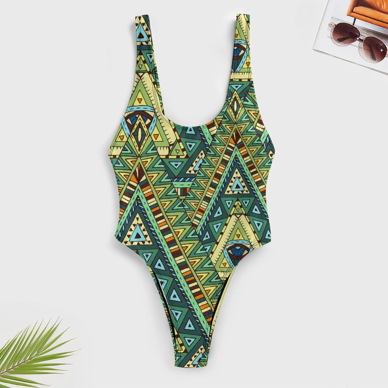 Boho Ethnic Swimsuit Green And Yellow Swimwear Beach Print Swimsuits Bathing Suits Women Push Up Sexy Trend One-Piece Beachwear