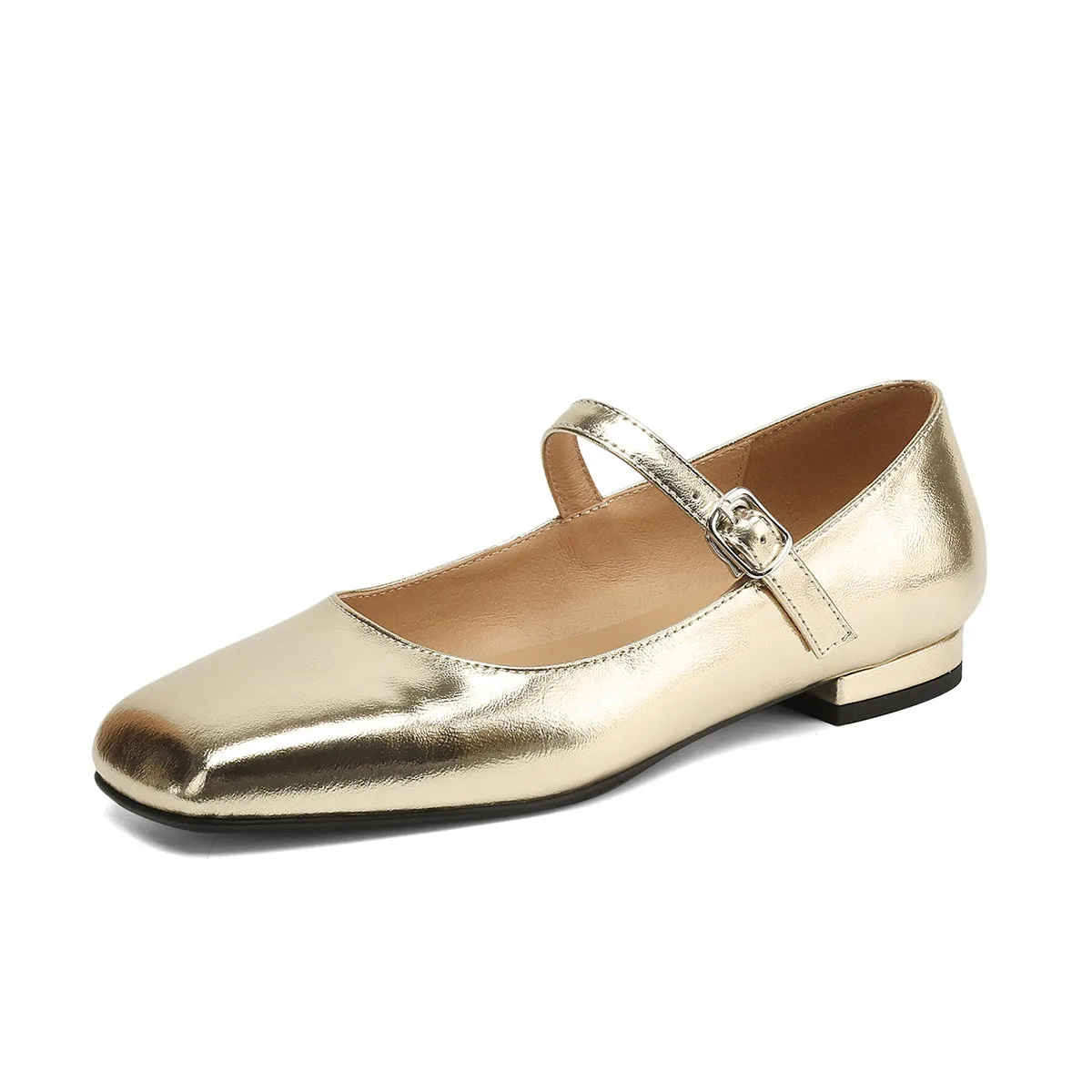 style new gold flat-soled single shoes femininity cowhide word with Mary Jane shoes square head shallow mouth super large size