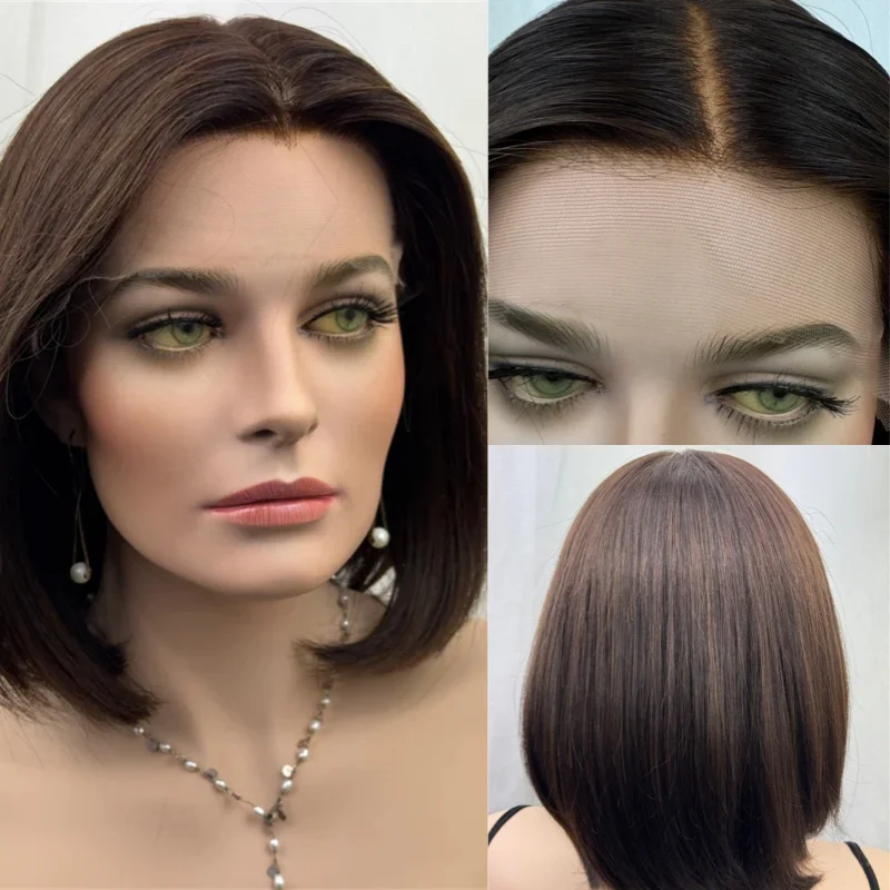 Real Wig Top Lace Ombre Brown Glueless Wigs Synthetic HD Lace Front Wig Preplucked Hairline 12 Inch Short Straight Bob Party Wig