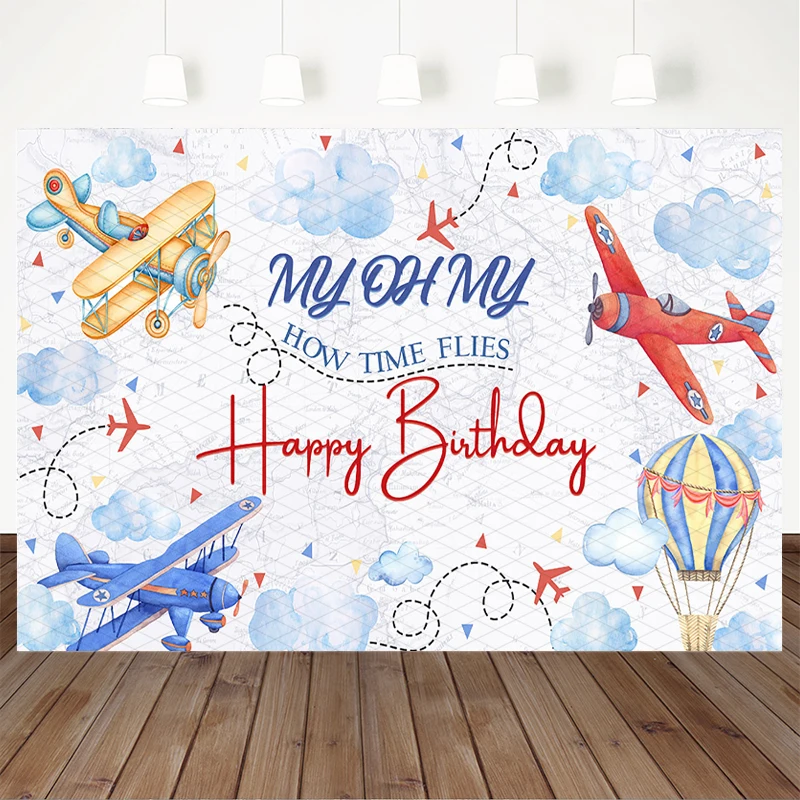Mocsicka Airplane Happy Birthday Backdrop Tapestry Cloud World Map Photography Background Baby Shower Travel Party Decors Banner
