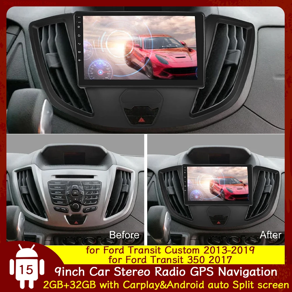 9'' 2+32G Car Stereo for Ford Transit Custom 2013-2019 350 2017 Android15 with Carplay Android Auto GPS WiFi Bluetooth FM SWC