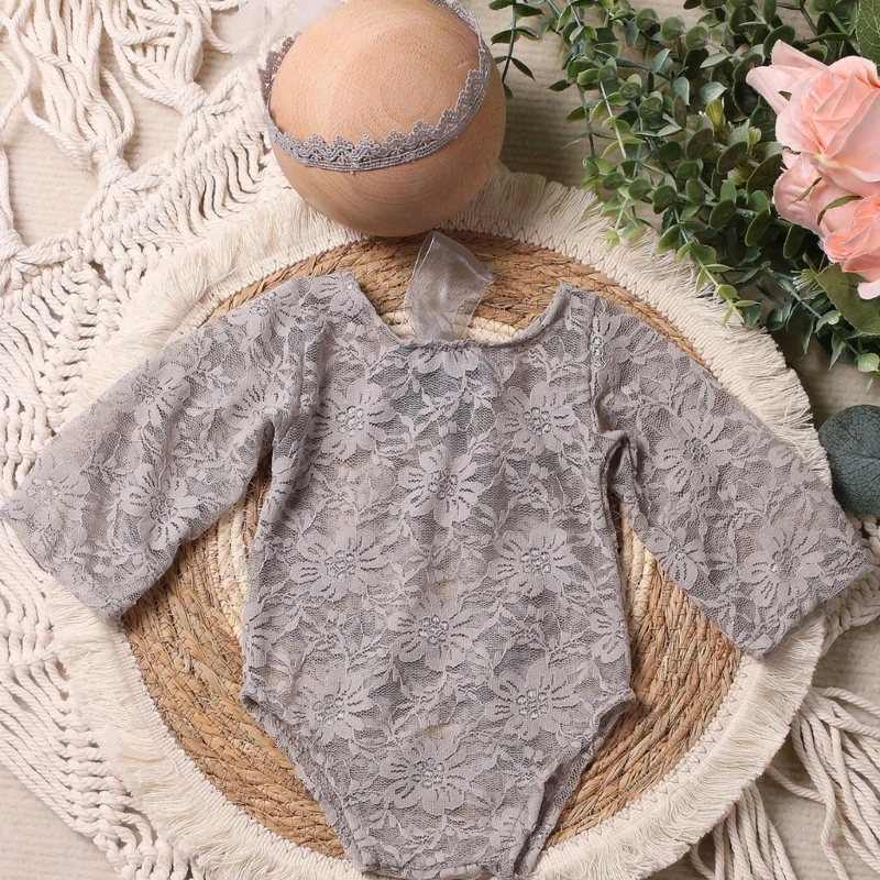 Baby Photography Accessories  Lace Bodysuit with Headband Newborn Photo Prop Outfit for Memorable Pictures 2-piece A2UB