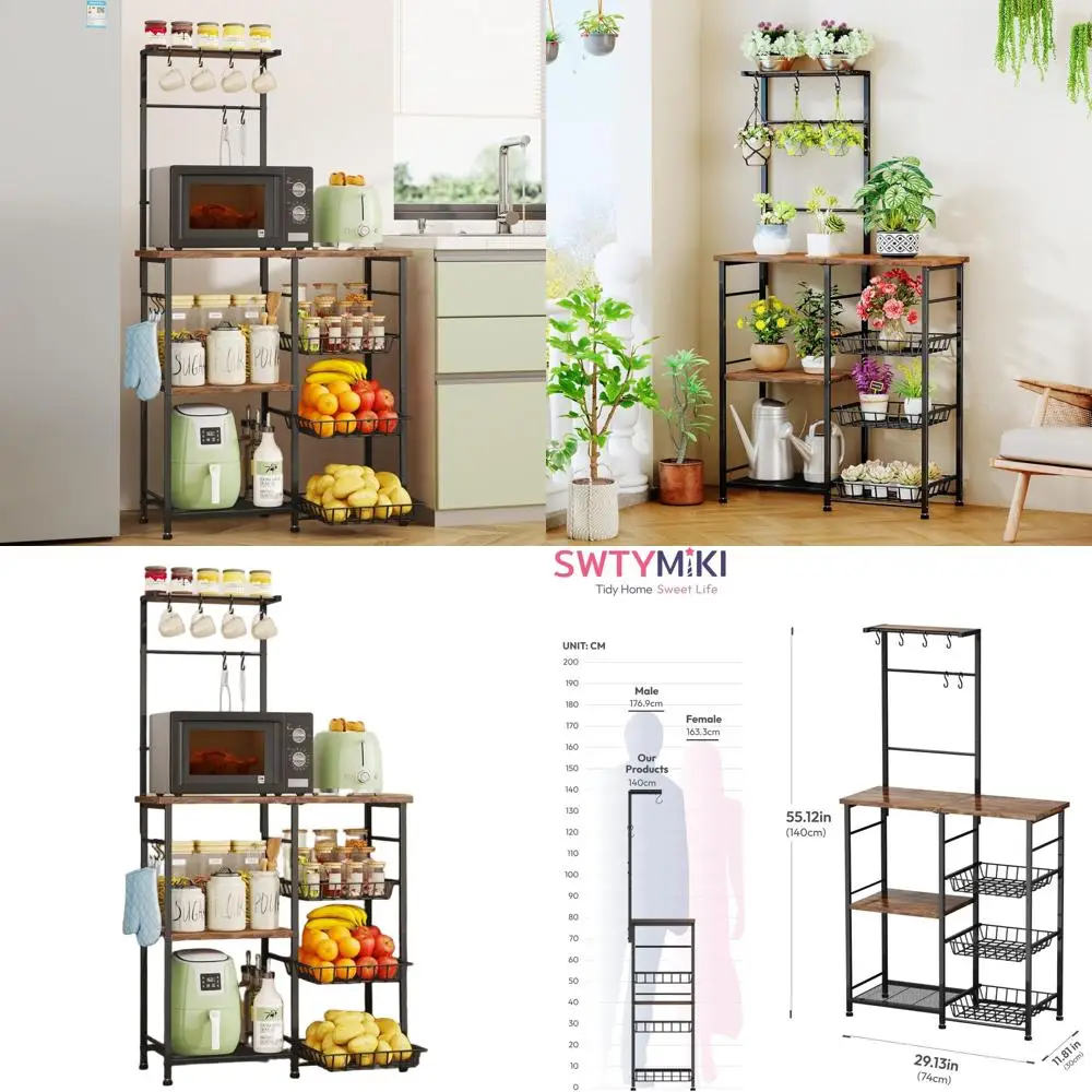 

Coffee Bar Cabinet with Storage Shelves, Kitchen Stand Organizer, 8 Hooks, Baskets, Adjustable Feet for Pantry