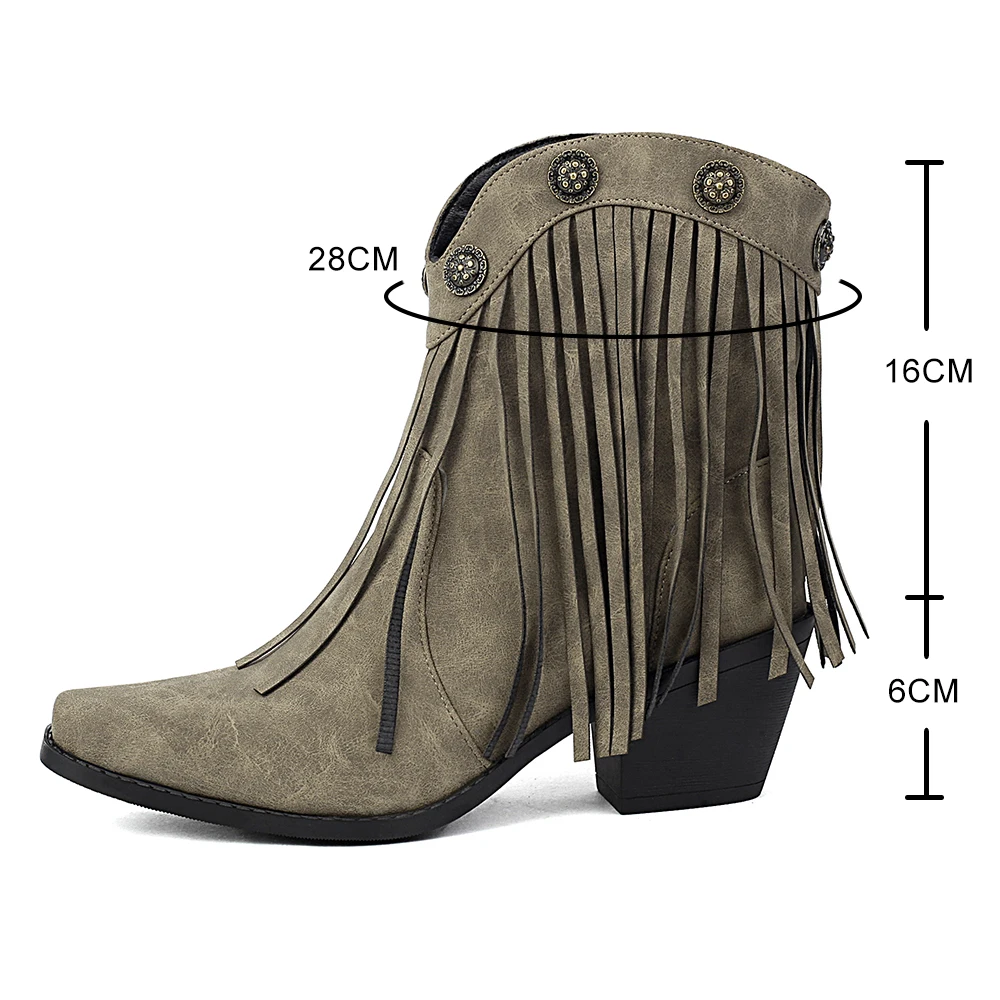 Kowbojskie buty dla kobiet PU New Tassel Chunky Heels Pointed Toe Green Red Western Boots Fashion Slip-on Wedge Boots Female