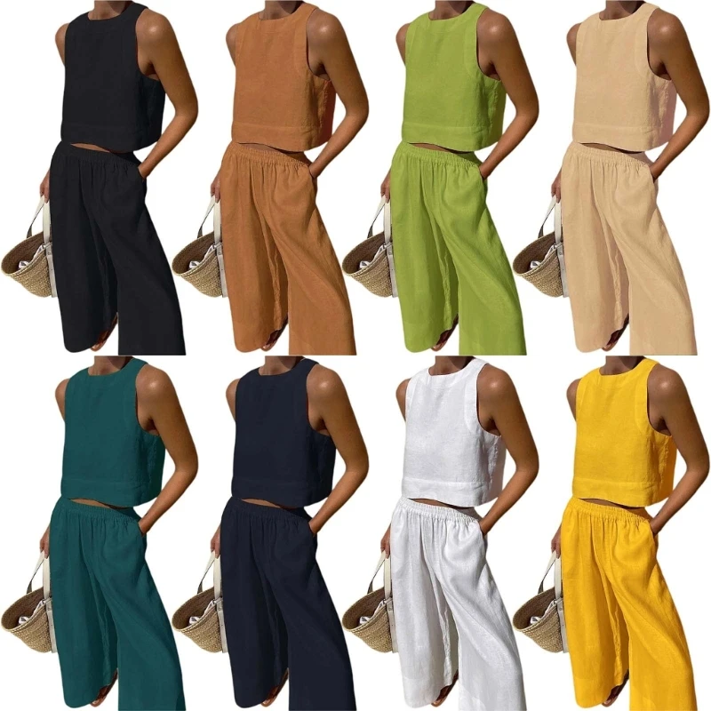 Womens 2 Piece Outfits Matching Sets Two Piece Crop Tops Wide Leg Pants Dropship