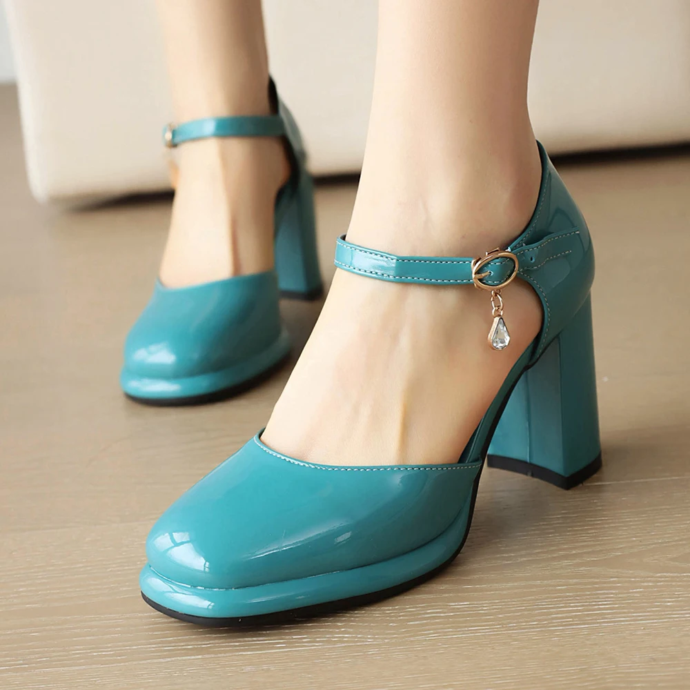 free shipping New Platform Square Toe Lady Pumps Blue Women Shoes 8cm Chunky Heels Buckle Pumps Size 33-45 Chaussures de Femme