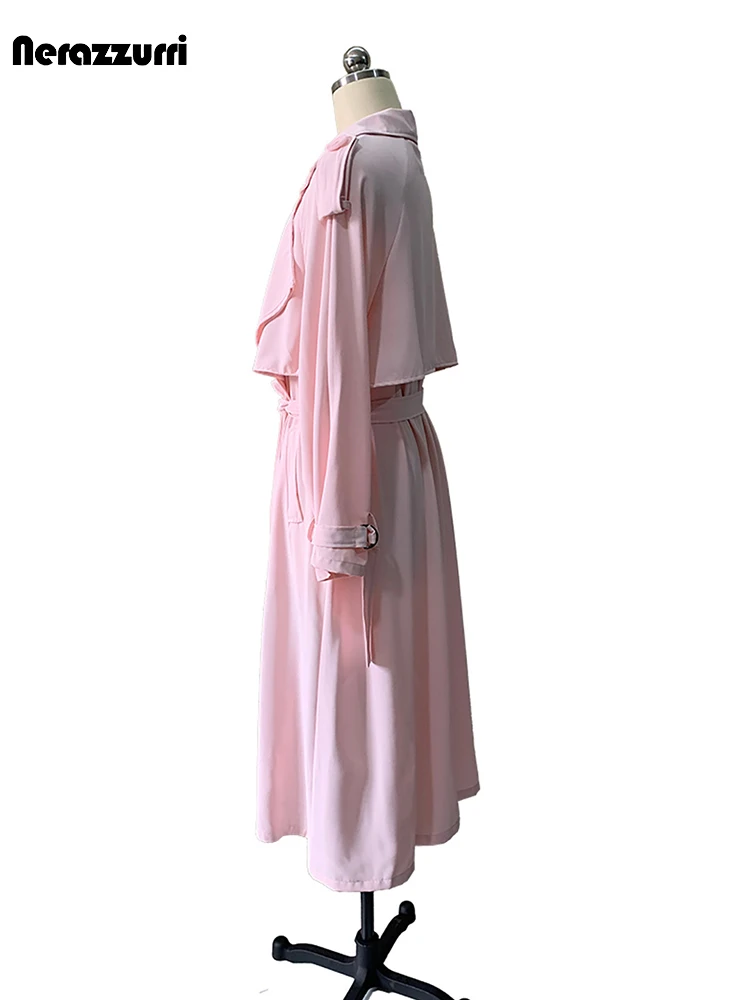 Nerazzurri Spring Summer Long Bright Pink Soft Flowy Thin Trench Coat for Women Sashes Chic Luxury Designer Clothes Cardigan