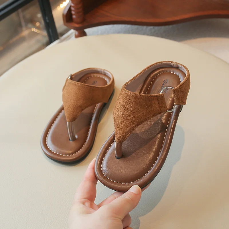 Girls Flat Slippers Flip-flops Child Kids Leather Shoes Pull on Sandals 2026 Children Leopard Print Barefoot Beach Shoe 26-36