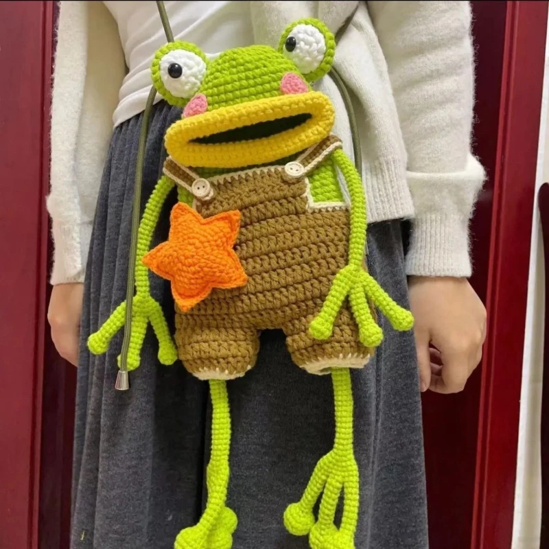 Yarn Crochet Big Mouth Frog Mobile Phone Bag Handwoven DIY Material Bag Homemade Ugly Cute Messenger Bag Parent-child