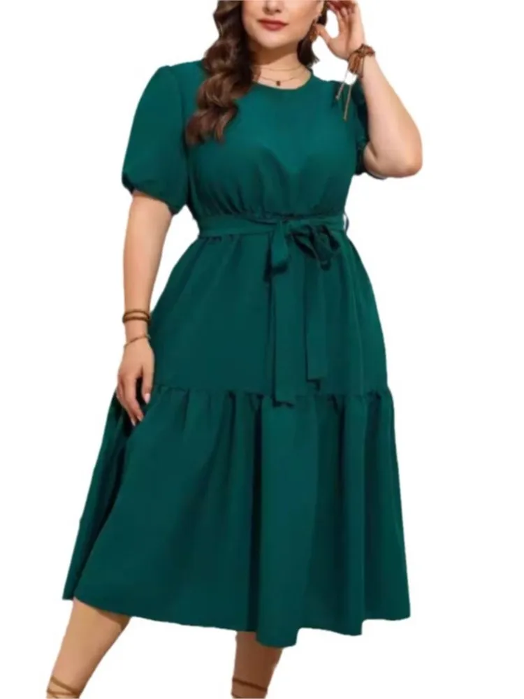 Plus Size Summer Midi Dress Women Short Sleeve Fashion Casual Loose Ruffle Pleated Ladies Dresses Elegant Woman Dress