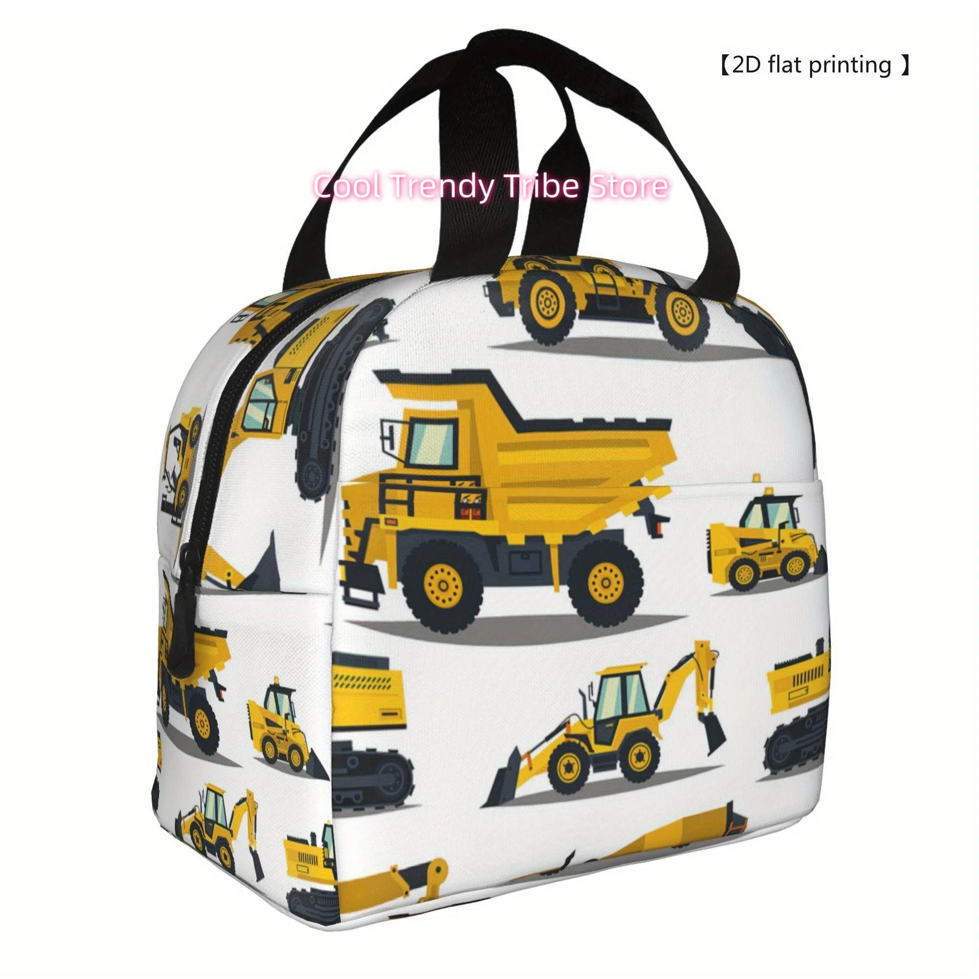 1pc Construction Vehicle Print Insulated Cooler Bag - Portable Reusable Lunch Tote with Top Handles, Durable Polyester for Campi