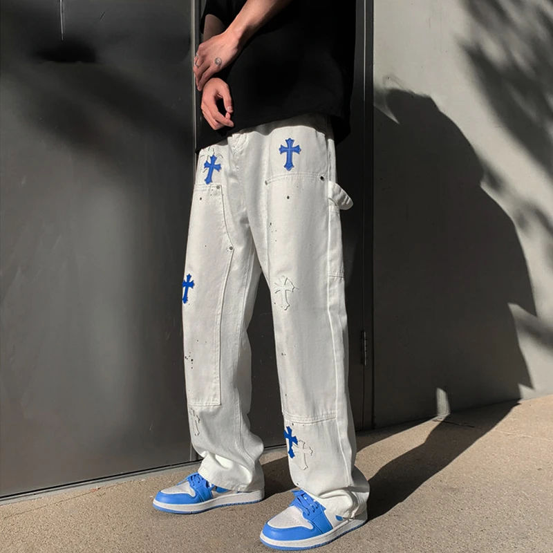 

Hip Hop Men's Y2K Clothes Black White Jeans Wide Baggy Printed Pants Denim For Teenager Straight Trousers Teachwear Streetwear