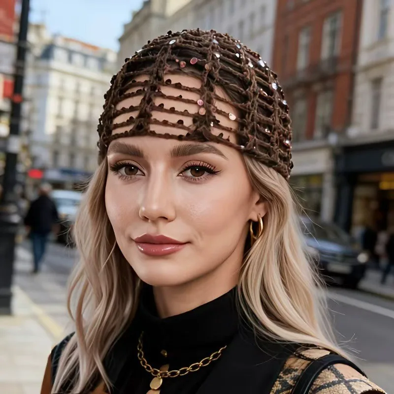 European and American hollowed out knitted sequined fishing net hat with adjustable handmade toe cap sun protection headscarf