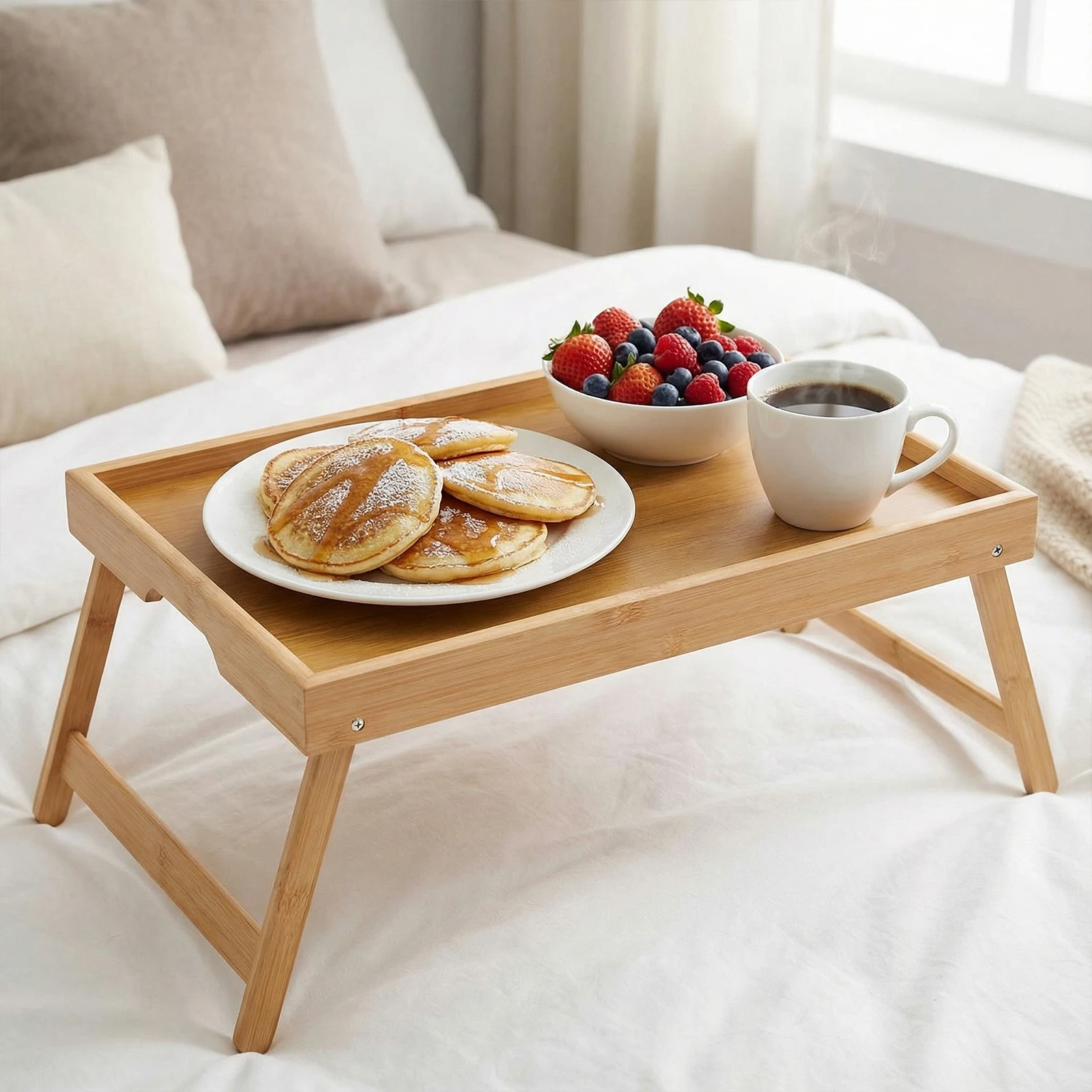 

Портативный многофункциональный бамбуковый столик-поднос со складными ножками: подставка для ноутбука, поднос для закусок, для еды, работы, чтения, пикника