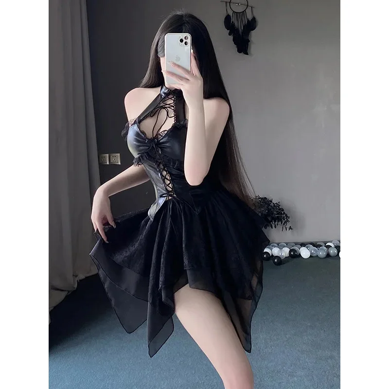 섹시한 섹시한 청순 섹시 노출 원피스 탱크, 섹시한 특허 가죽, 미니 원피스, 우아한 밴디지 패션, 블랙 여성 상의