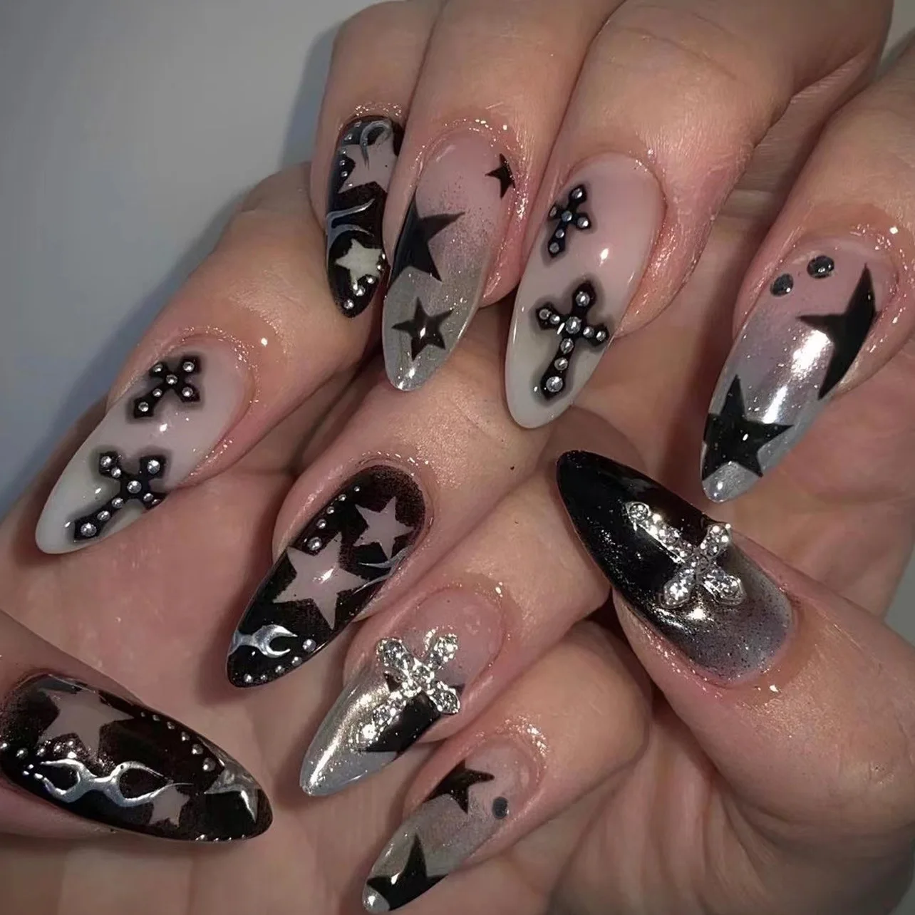 

24PCS Almond False Nails Gothic Punk Press on Nails Red Black Gradient with Metallic Silver Bat Spider Design Halloween Nails