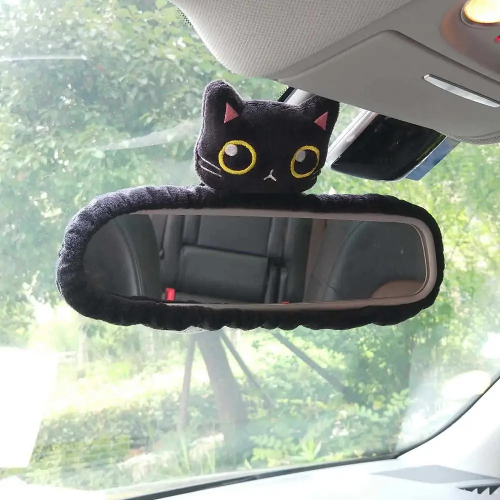Black Cat Rearview Mirror Cover Auto SUV Truck Rear View Mirror Plush Cat Rearview Mirror Cloth Cover Car Interior Accessories