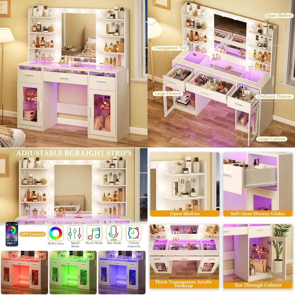 مكتب زينة مكياج مضيء مع أدراج RGB 3 ألوان و6 أرفف تخزين