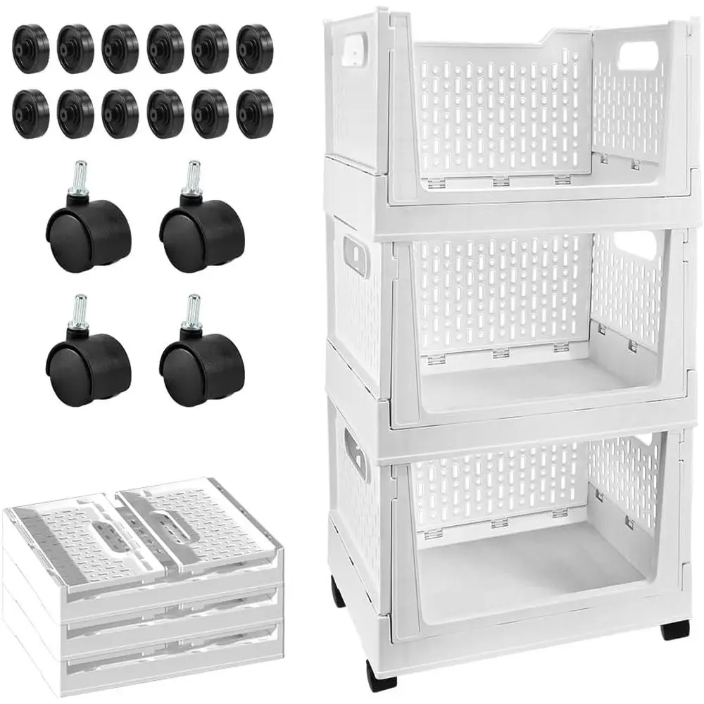 

Stackable Plastic Storage Basket, 3 Pack Foldable Organizers and Storage Bins with Wheels, Collapsible Drawer Shelf Storage Box