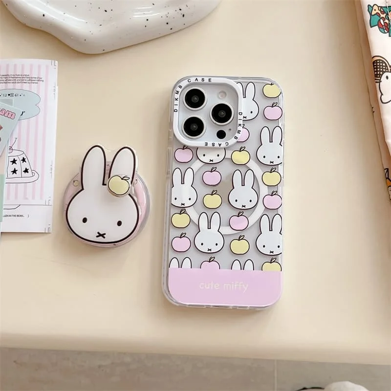 Kawaii Miffy Rabbit Magnetic Pop Stand Clear Phone Case For iPhone 14 15 16 17 Pro Max INS Cute Apple Shockproof Cover